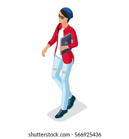 Trendy Isometric people and gadgets, a teenager, a young girl, student, hi tech technology, pad, laptop, stylish clothes isolated.