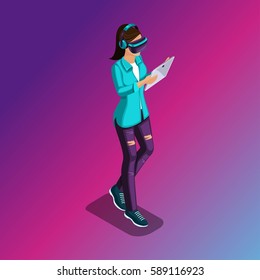 Trendy Isometric people and gadgets, a teenager, a young girl, student, uses hi tech technology, phone, pad, play, virtual reality, virtual glasses colored background.