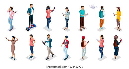 Trendy Isometric people and gadgets, teenagers, young people, students, using hi tech technology, mobile phones, pad, laptops, make selfie, smart watches, virtual games, navigators isolated.