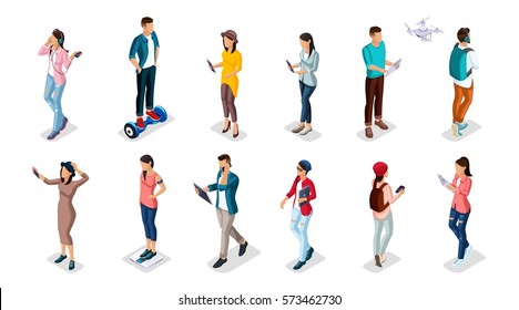 Trendy Isometric people and gadgets, teenagers, young people, students, using hi tech technology, mobile phones, pad, laptops, make selfie, smart watches are isolated.