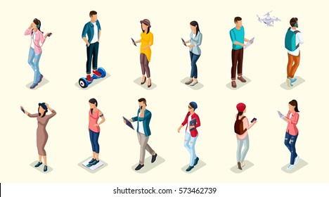 Trendy Isometric People And Gadgets, Teenagers, Young People, Students, Using Hi Tech Technology, Mobile Phones, Pad, Laptops, Make Selfie, Smart Watches.