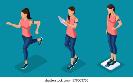 Trendy Isometric people and gadgets, teenagers, young people, students, using hi tech technology, pad, laptop, girl, weight, sports, smart watches isolated.