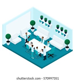 Trendy isometric people, a hospital room rear view, doctor's office, staff, hospital staff, surgeons and doctors, konsillium are isolated on a light background.