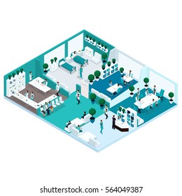 Trendy Isometric People Illustration Front View Of Hospitals, Hospital Concept House, Office Manager, Surgeon, Nurse Workflow, Medical Workers Are Isolated.