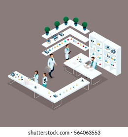 Trendy isometric people, laboratory scientists, medical professionals, research, experiments, analyzes, laboratory workers are isolated on a light background.