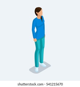 Trendy isometric people. Medical practice, hospital, nurse in special clothing front view isolated on a light background. Vector illustration.