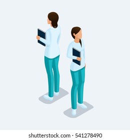 Trendy isometric people. Medical practice, hospital, female nurse. Man front view rear view, standing position isolated on a light background.