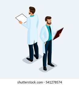 Trendy isometric people. Medical practice, hospital, male surgeon with a patient card. Man front view rear view, standing position isolated on a light background.