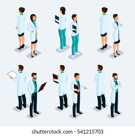 Trendy isometric people. Medical staff, hospital, doctor, nurse, surgeon. People at the front view of visas, standing position. Vector illustration.