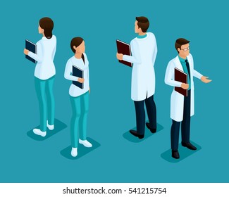 Trendy isometric people. Medical staff, hospital, doctor, nurse, surgeon. People front view rear view isolated on a light background. set