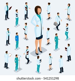 Trendy isometric people. Medical staff, hospital, doctor, nurse, surgeon. People for the front view of the visas, standing position isolated on a light background. Set