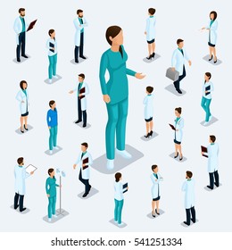 Trendy isometric people. Medical staff, hospital, doctor, surgeon. Most nurse, People for the front view of the visas, standing position isolated on a light background. Set 1.