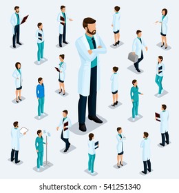 Trendy isometric people. Medical staff, hospital, doctor, nurse, surgeon. People for the front view of the visas, standing position isolated on a light background