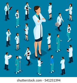 Trendy isometric people. Medical staff, hospital, doctor, nurse, surgeon. Large Director, People for the front view of the visas, standing position isolated on a dark blue background. Set 2