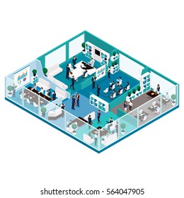 Trendy isometric people, office work illustration of a front view of business concept with a glass facade, office furniture, workflow, office workers are isolated.