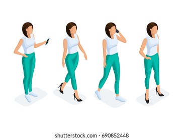 Trendy isometric people set. 3D woman with a phone in different poses on a light background. Vector illustration