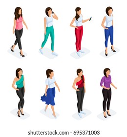 Trendy isometric people set. 3D woman with a phone in different poses on a light background. Vector illustration