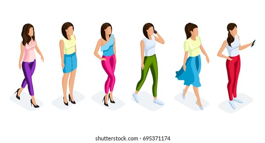 Trendy isometric people set. 3D woman with a phone in different poses on a light background. Vector illustration