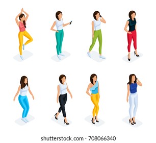 Trendy isometric people set. 3D woman with a phone in different poses on a light background. Vector illustration
