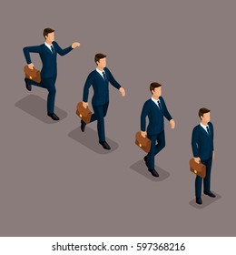 Trendy isometric people vector, 3d businessmen, running, fast step, idea, movement, goal achievement, business scene, young businessman on a dark background.