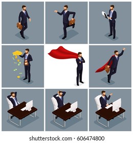 Trendy isometric people vector, 3d businessmen jump, running, idea, joy, business scene, connected to a young businessman, office work on a gray background.