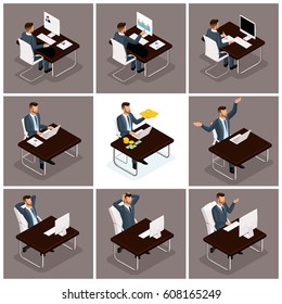 Trendy isometric people vector, 3d businessmen office work, business scene related to young businessman, concept of a working businessman at a table on a dark background.