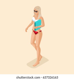 Trendy isometric people vector, 3d Girl blonde in bright bathing suit, with a towel in hands vector illustration.