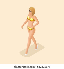 Trendy isometric people vector, 3d girl blonde in a gold swimsuit, wearing glasses goes along the beach vector illustration.