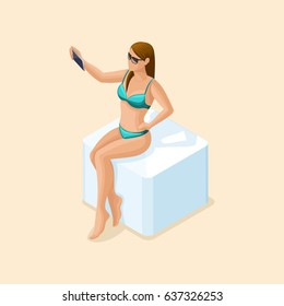 Trendy isometric people vector, 3d Girl brunette in a turquoise swimsuit, wearing glasses lies making selfie on the beach for a social network vector illustration.