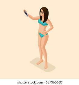 Trendy isometric people vector, 3d Girl brunette in a bright bathing suit, with isles selfie on the beach for publication in social network vector illustration