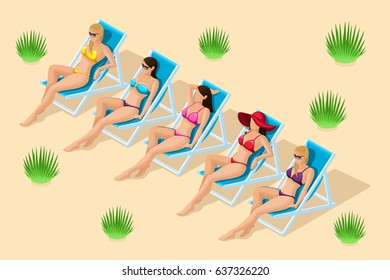 Trendy Isometric people vector, Set of 3D girls on a sandy beach, on deckchairs sunbathing, in different swimsuits, in a hat for beach vector illustrations.
