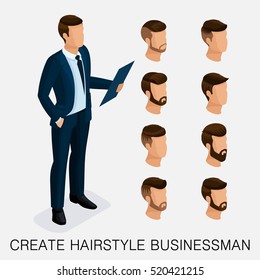 Trendy isometric set 2, qualitative study, a set of men's hairstyles, hipster style. Fashion Styling, beard, mustache. The style of today's young businessman. Vector illustration