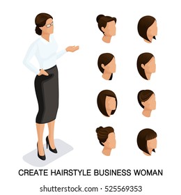 Trendy isometric set 2, women's hairstyles. Young business woman, hairstyle, hair color, isolated. Create an image of the modern business woman. Vector illustration.