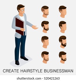 Trendy isometric set 3, qualitative study, a set of men's hairstyles, hipster style. Fashion Styling, beard, mustache. The style of today's young businessman. Vector illustration