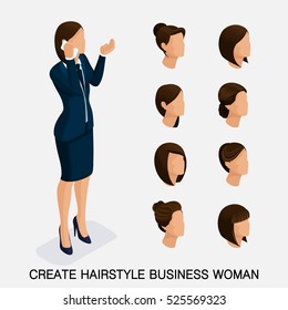 Trendy isometric set 3, women's hairstyles. Young business woman, hairstyle, hair color, isolated. Create an image of the modern business woman. Vector illustration.