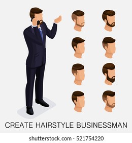 Trendy isometric set 5, qualitative study, a set of men's hairstyles, hipster style. Fashion Styling, beard, mustache. The style of today's young businessman. Vector illustration