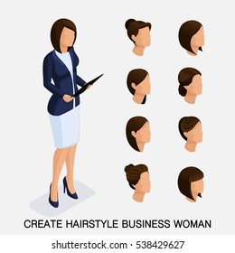 Trendy isometric set 9, women's hairstyles. Young business woman, hairstyle, hair color, isolated. Create an image of the modern business woman. Vector illustration.