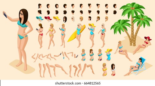 Trendy isometric Set of gestures of hands and feet 3d girl. Create your character making a selfie on the beach, a girl in a swimsuit for summer vector illustrations