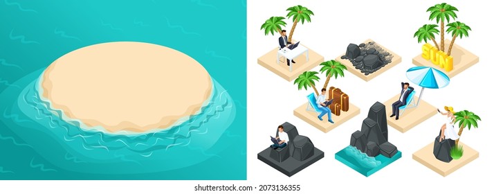 Trendy isometric set of summer icons to create your own vector illustration. 3D stones, palm trees, sea, suitcase, freelancers, vacationers, plage.