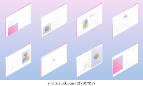 Trendy isometric set with user interface concept forms. Abstract web pages and ui elements vector illustration. Graphic design for business and development