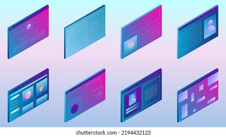 Trendy isometric set with user interface concept forms. Abstract web pages and ui elements vector illustration. Graphic design for business and development