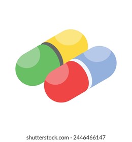 Trendy isometric vector of capsules, antibiotic capsules, icon of medical drugs