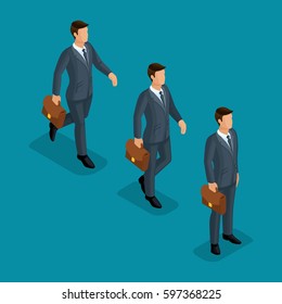 Trendy isometric vector people, 3d businessmen, Motion run, fast step, idea, stands, young businessman with briefcase isolated on a bright blue background.