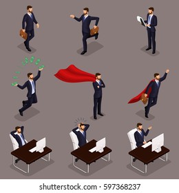 Trendy isometric vector people, 3d businessmen jumping, running, idea, joy, throwing money, business scene, young businessman on a dark background.