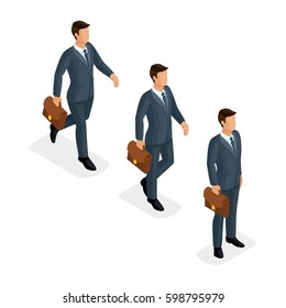 Trendy isometric vector people, 3d businessmen, Motion run, fast step, idea, stands, young businessman with briefcase isolated on white background