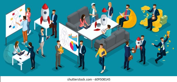 Trendy isometric vector people, 3d person teenagers, modern young people and gadgets, freelancers, startup, coworking, office work, entrepreneur isolated background