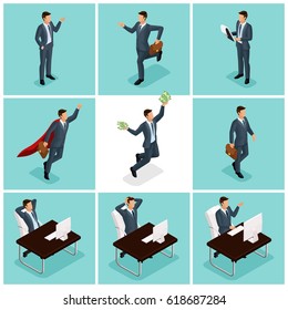 Trendy isometric vector people, 3d businessmen joy, receiving awards, making money, business scenes related to a young businessman on a blue background.