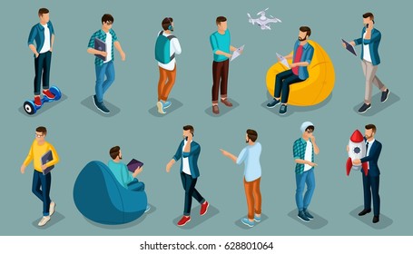 Trendy isometric vector people, 3d person teenagers, modern young people and gadgets, freelancers, startup, coworking, office work, entrepreneur isolated background.