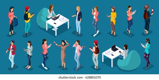 Trendy isometric vector people, 3d person teenagers, modern girl and gadgets, freelancers, startup, coworking, office work, modern people isolated bright blue.