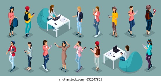 Trendy isometric vector people, 3d person teenagers, modern girl and gadgets, freelancers, startup, coworking, office work, modern people isolated